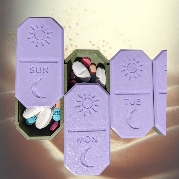 7-Day Dual-Section Pill Organizer - Colorful, Compact, Daily Medication Manager with Decorative Sun & Moon Compartments for AM/PM Sorting