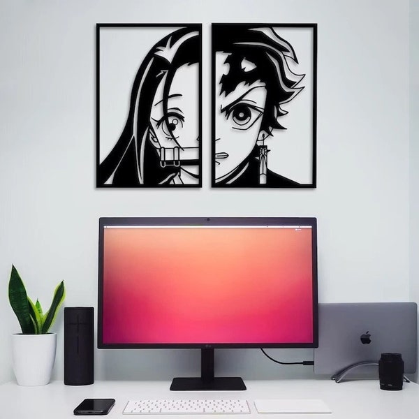 Unique Demon Slayer Wall Art - 12"x9" Canvas Prints of Tanjiro and Nezuko in Black & White - Modern and Stylish Anime Home Decor!