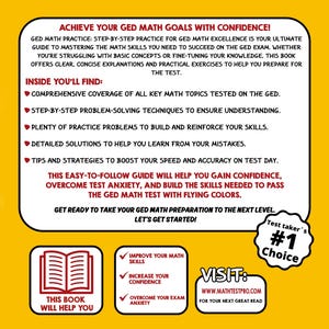 Peut inclure: Une couverture de livre jaune et rouge avec le titre "GED Math Practice". La couverture pr&eacute;sente une ic&ocirc;ne de livre, une liste de contr&ocirc;le des avantages et le texte "Test Taker's #1 Choice".