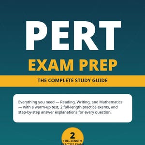 Puede incluir: Una portada de guía de estudio de color verde azulado oscuro titulada FLORIDA POSTSECONDARY EDUCATION READINESS TEST PERT EXAM PREP THE COMPLETE STUDY GUIDE. Incluye un recuadro blanco con texto sobre lectura, escritura, matemáticas y 2 exámenes de práctica.