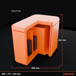 May include: An orange L-shaped enclosure with a cutaway view revealing internal compartments and dark rectangular components. The structure features dimensions of 306 mm by 477 mm by 354 mm, with the text Tiefe 477 mm and Amperlab3D visible.