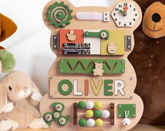 Casse-tête personnalisé ours occupé, nom en bois personnalisé, cadeau 1er anniversaire de bébé pour fille et garçon, enfant en bas âge, jouets Montessori, carte sensorielle