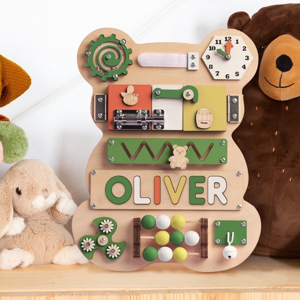 Casse-tête personnalisé ours occupé, nom en bois personnalisé, cadeau 1er anniversaire de bébé pour fille et garçon, enfant en bas âge, jouets Montessori, carte sensorielle