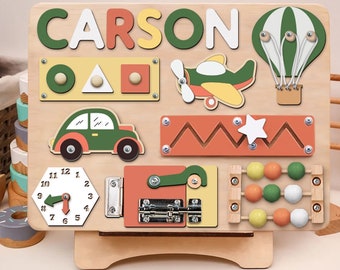 Personalised Wooden Name Puzzle With Vehicles Customized Busy Board Baby 1st Birthday Gift For Girl Boy Montessori Sensory Board Toddler Toy