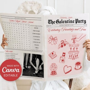 Galentines Day Invite Bows, Newspaper Galentines Day Girls Night Invitation Template, Coquette Galentine&#39;s Party Invite, Ladies Night Games