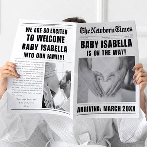 Baby Arrival News in The Newborn Times Tabloid, Editable Baby On the Way Pregnancy Reveal Newspaper Canva Template, Pregnant Announcement