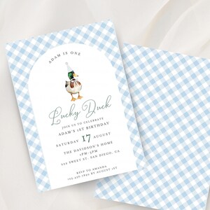 Blue Gingham Duck Duck Goose Birthday Party Invitation Template, Editable Lucky Duck Invite, Mallard Duck Hunting Theme, Silly Goose HP026