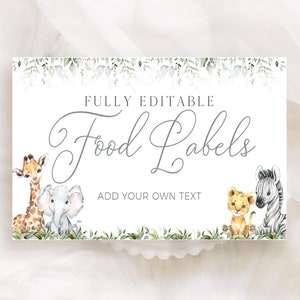 Jungle Safari Baby Shower Food Labels, Jungle Animals Party Buffet Place Cards Template Canva Printable, Safari-Themed Tent Cards, BS003A