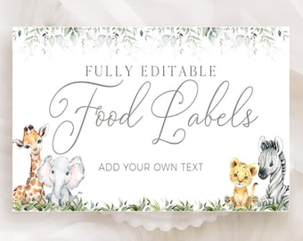 Può includere: Etichette alimentari rettangolari bianche con illustrazioni ad acquerello di una giraffa, un elefante, un cucciolo di leone e una zebra. Il testo "FULLY EDITABLE Food Labels ADD YOUR OWN TEXT" è visualizzato in un elegante carattere.