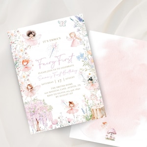Pink Floral Fairy First Birthday Party 1st Birthday for Girl, Whimsical Fairy Party Theme, Colorful Wildflower Fairy Princess, Canva HP024