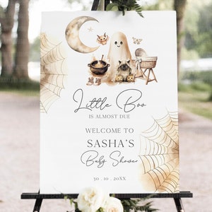 Welcome Sign for Baby Shower Halloween, Little Boo Printable Welcome Poster Template, Cute Ghost Baby Shower Party Large Signs Canva BS005B