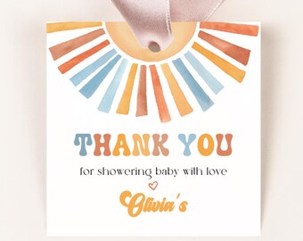 Sunshine Baby Shower Favor Tags, Here Comes the Sun/Son Thank You Tag, Boho Sun Retro Baby Shower, Editable Instant Download Template, CANVA