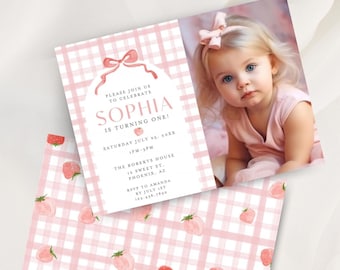 Preppy Bows & Strawberries Berry First Birthday Invitation, Pink Plaid Background, Editable Pink Gingham Template, Bow 1st Birthday HP019
