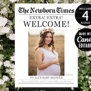 Cute Newspaper Photo Baby Shower Welcome Sign, Pregnancy Reveal Party Custom Photo Tabloid Welcome Poster Download for Fedex Print, CANVA