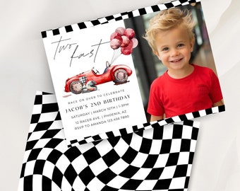 Sporty Race Car 2nd Birthday Invite Landscape, Editable Speedy Red Car Party Template, Two Fast Car Theme for Boys, Fun Racing Car HP020