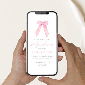 Editable Blush Pink Bow Baby Shower Invitation, Girl Coquette Baby Shower Evite Preppy Minimalist Canva Template, Digital Download BS004A