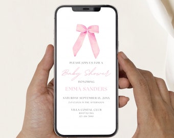 Editable Blush Pink Bow Baby Shower Invitation, Girl Coquette Baby Shower Evite Preppy Minimalist Canva Template, Digital Download BS004A
