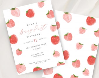 May include: A white invitation card with a red and pink strawberry pattern. The text on the card reads "Emma's Berry First Birthday, Saturday 17 August, The Williams Home 1 PM - 3 PM, 422 Sweet St. Chicago, IL, RSVP to Amanda 123-456-7890 by August 1st."