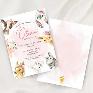 Editable Pink Floral Safari 2nd Birthday Invitation, Girl's 'TWO Wild' Jungle-Themed Party Animals Invite Card, Wildlife Kid Party HP030