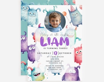 Monster Inc Party Invitation, Customizable Digital Photo Template, Monster Party 1st Birthday Invite, Our Mini Beast Turns One! Canva HP016