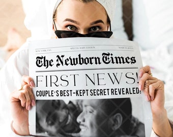 Op de afbeelding: Een vrouw in een witte handdoek en zonnebril houdt een krant vast met de kop "The Newborn Times" en de tekst "FIRST NEWS! COUPLE'S BEST-KEPT SECRET REVEALED!"