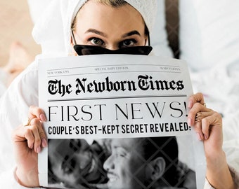 Op de afbeelding: Een vrouw met een witte handdoek op haar hoofd en een zonnebril houdt een krant vast met de kop "The Newborn Times" en de ondertitel "FIRST NEWS! COUPLE'S BEST-KEPT SECRET REVEALED!"
