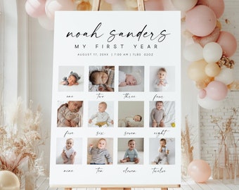 Editable Baby's First Year Photo Sign, 12 Month Photos, Baby Milestone Board, Minimalist 1st Birthday Photo Sign, Canva Template, BY006
