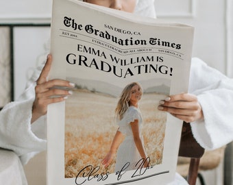 Congratulations to the New Graduate in Newspaper Template, Graduation Announcement 2025, Grad Party Invite, Instant Digital Download, CANVA