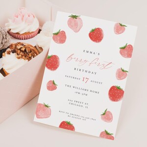 Strawberry 1St Birthday Party, Berry Special First Year Invitation, Sweet Berry First Birthday Party Invite, Pink Fruit Invitation HP015