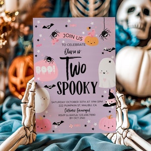 Halloween Birthday Invitation, Two Spooky Themed, Cute Ghost Party, Spooktacular Party, Girl Two Spooky Birthday, Editable Canva, HP001A