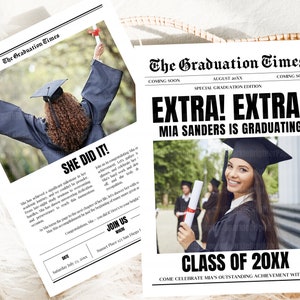 Graduation Newspaper Poster Template, Editable Newspaper Grad Announcement, Printable 2025 Grad Invitation, Instant Digital Download, CANVA