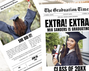 Graduation Newspaper Poster Template, Editable Newspaper Grad Announcement, Printable 2025 Grad Invitation, Instant Digital Download, CANVA