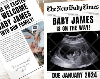 The Baby Times Newspaper, Editable New Baby Announcement Newspaper, Printable Baby Reveal Newspaper, Pregnancy Announcement Template, CANVA