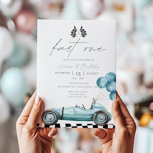 Blue Retro Race Car Birthday Invite, Boy Racing Speedy Celebration, Fast One Theme 1st Birthday Party, First Lap Birthday Invitation HP019