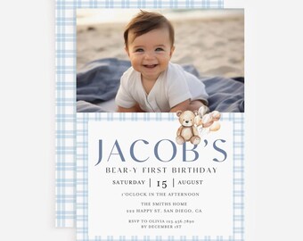 Blue Plaid Check Teddy Bear Invitation with Photo Kids Template, Printable Beary 1st Birthday Invite, Cute Bear Boy Birthday Party, HP018