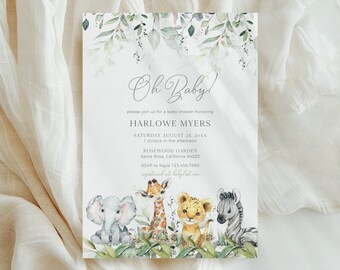 Könnte beinhalten: Eine Babyparty-Einladung mit einer Aquarell-Illustration einer Giraffe, eines Elefanten, eines Löwen und eines Zebras, umgeben von grünen Blättern. Der Text lautet "Oh Baby!" und enthält den Namen "Harlowe Myers", das Datum "Samstag, 25. August 20XX", die Uhrzeit "13:00 Uhr", den Ort "Rosewood Garden, Santa Rosa, Kalifornien 94025" und die RSVP-Informationen.