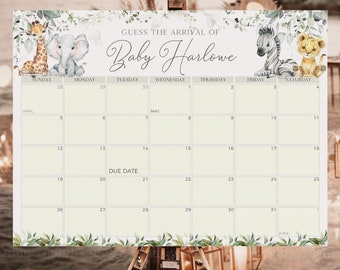 Baby Due Date Calendar Safari, Jungle Baby Shower Animal Party Guess the Due Date Signage, Baby Prediction Game Printable Template BS003A