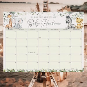 Baby Due Date Calendar Safari, Jungle Baby Shower Animal Party Guess the Due Date Signage, Baby Prediction Game Printable Template BS003A