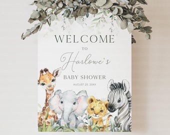 Puede incluir: Bienvenido a la fiesta de bienvenida al bebé de Harlowe, con una ilustración de acuarela de una jirafa, un elefante, un león y una cebra. El cartel es blanco con texto gris y la fecha 25 de agosto de 20XX.