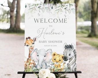 Welcome Sign for Baby Shower Safari Theme, Jungle Baby Animals Party Guest Welcome Signage Printable Template Canva Digital Download, BS003A