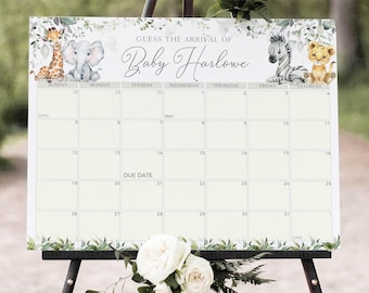 Guess the Baby Due Date Safari, Jungle Baby Animal Party Guest Guessing Game Sign, Safari-theme Baby Shower Printable Signage Canva BS003A