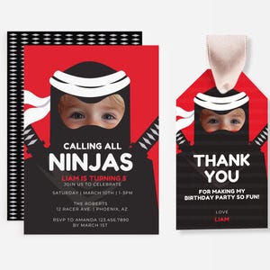 Ninja Birthday Invitation, Martial Arts Invite, Ninja Party Invite, Warrior Birthday Invite, Digital File, FREE Thank You Card CANVA HP023
