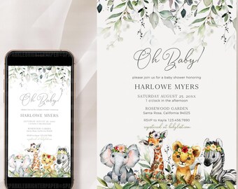 Puede incluir: Una invitación a un baby shower con temática de selva. La invitación presenta un borde de hojas verdes con ilustraciones de acuarela de una jirafa, una cebra, un león y un elefante. El texto dice "Oh Baby!" y "Por favor, únase a nosotros para una fiesta de bienvenida al bebé en honor a Harlowe Myers".