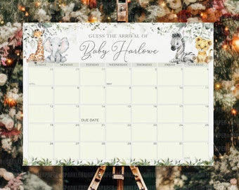 Baby Shower Due Date Calendar Safari, Editable Guess Baby Birthday Signage, Baby Prediction Calendar Game Greenery Jungle Template BS003A