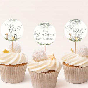 Jungle Safari Cupcake Toppers, Wild One Safari Baby Shower Cup Cake Toppers Template, Editable Safari Greenery Themed Party Favors BS003A