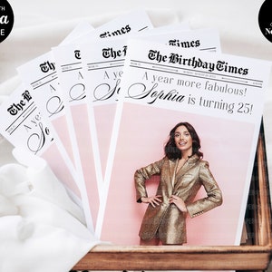 Fun Birthday Newspaper Invitation Template, 25th Birthday Party Invite, Custom Photos & Infographic, Editable Bday Newspaper Card, CANVA DIY