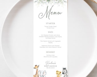 Safari Menu Template, Editable Food List Jungle Animals Baby Shower Printable, Jungle Themed Party Menu Cards CANVA Digital Download, BS003A