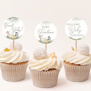 Safari Baby Shower Cupcake Toppers, Editable Jungle-Themed Baby Shower Cupcake Toppers Template, Custom Greenery Safari Themed Party BS003A