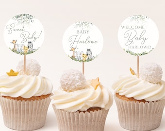 Safari Baby Shower Cupcake Toppers, Editable Jungle-Themed Baby Shower Cupcake Toppers Template, Custom Greenery Safari Themed Party BS003A