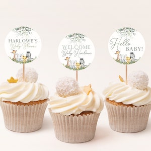 Safari Cupcake Toppers, Editable Jungle Safari Baby Shower Cupcake Toppers Labels, Custom Safari Themed Party Favors Template Canva BS003A